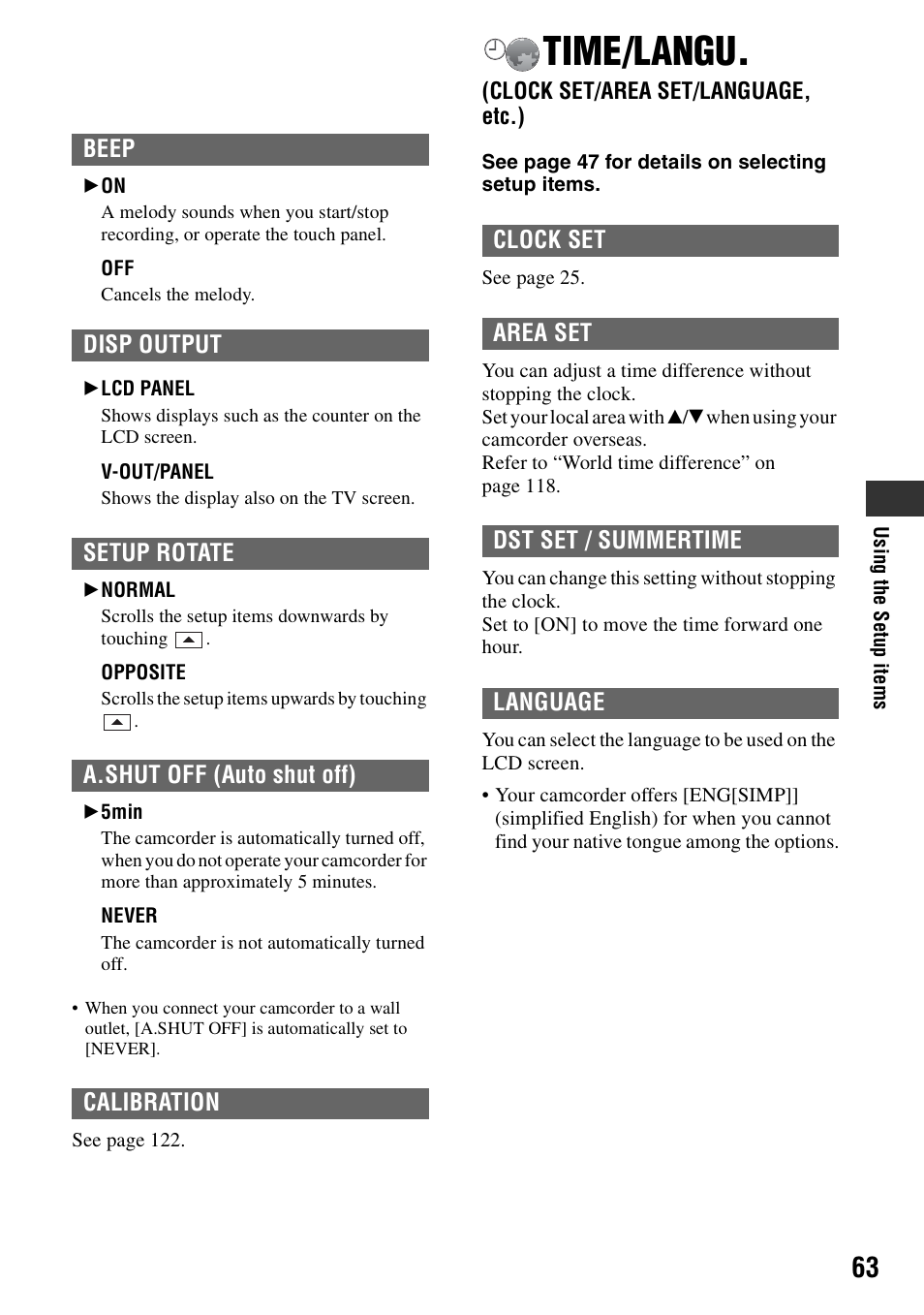 Time/langu, Clock set/area set/language, etc.), P.63 | P.63) | Sony DCR-SR40 User Manual | Page 63 / 132