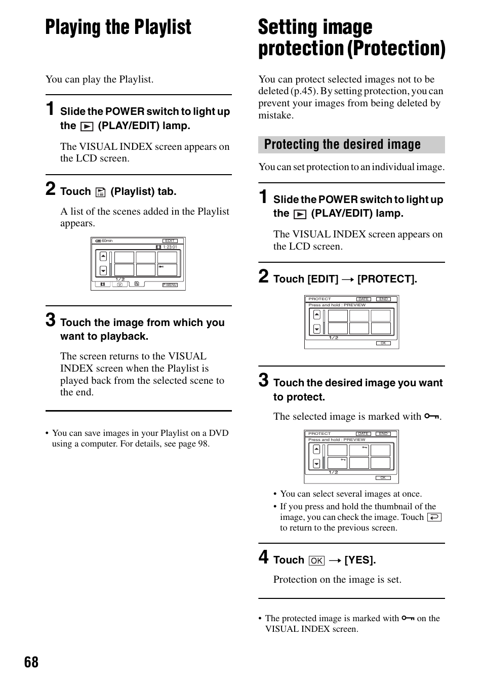 Playing the playlist, Setting image protection (protection), P.68) | P.68, Protecting the desired image | Sony DCR-SR40 User Manual | Page 68 / 132