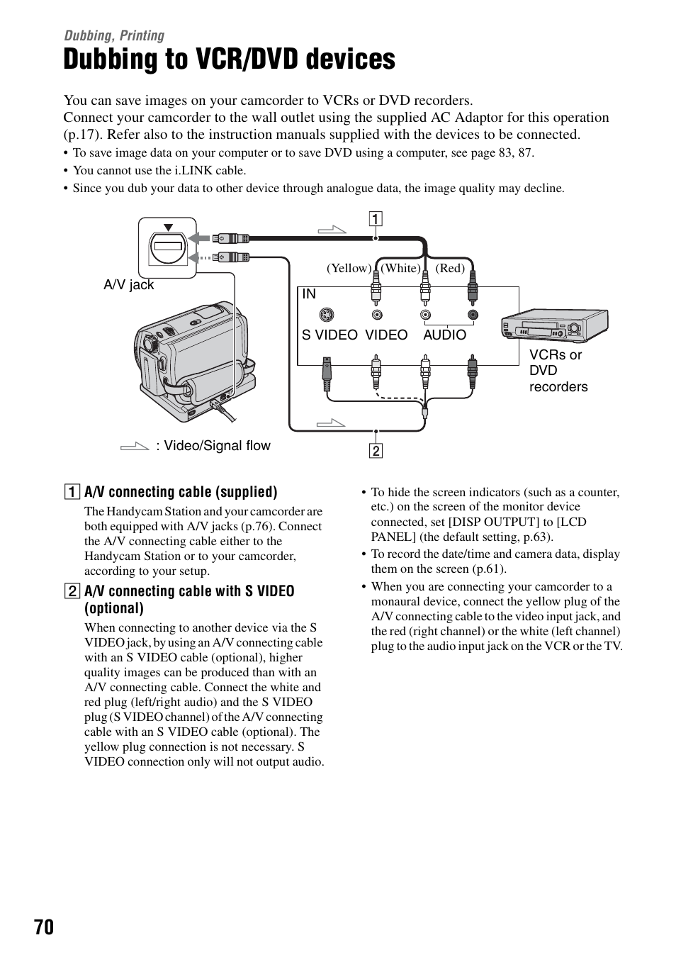 Dubbing, printing, Dubbing to vcr/dvd devices, P.70) | Sony DCR-SR40 User Manual | Page 70 / 132