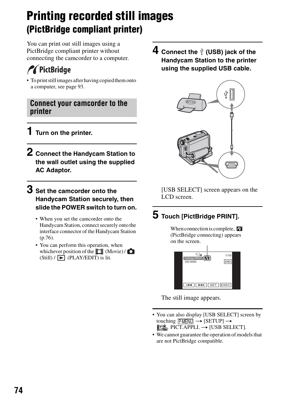 E (1) (p.74, P.74, Printing recorded still images | Pictbridge compliant printer), Connect your camcorder to the printer | Sony DCR-SR40 User Manual | Page 74 / 132