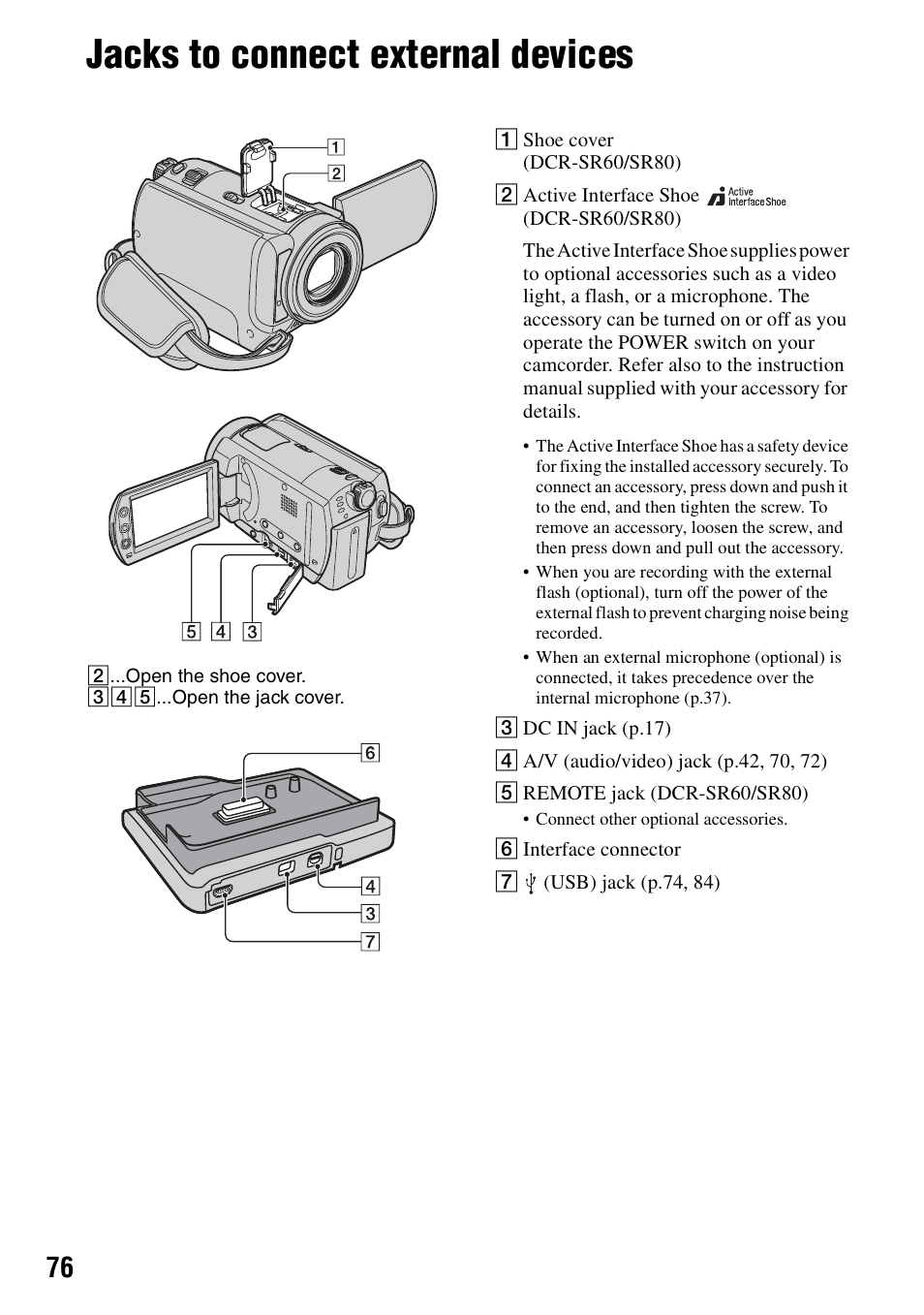 Jacks to connect external devices, P.76), P.76 | Sony DCR-SR40 User Manual | Page 76 / 132