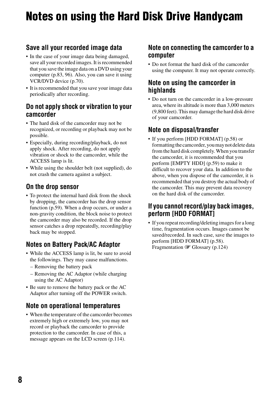 Notes on using the hard disk drive handycam | Sony DCR-SR40 User Manual | Page 8 / 132