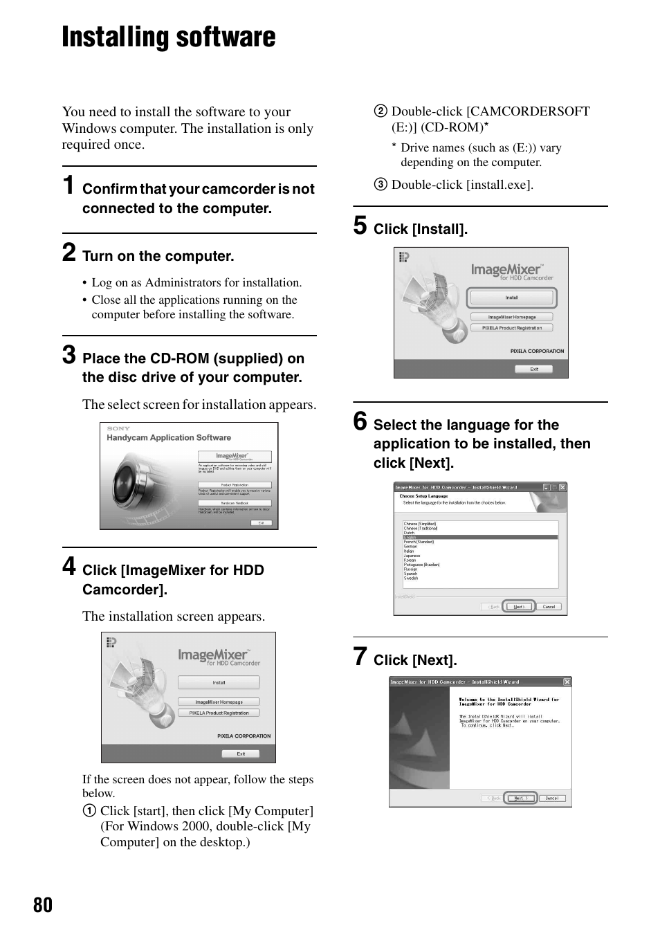 Installing software, P.80, P.80) | Sony DCR-SR40 User Manual | Page 80 / 132