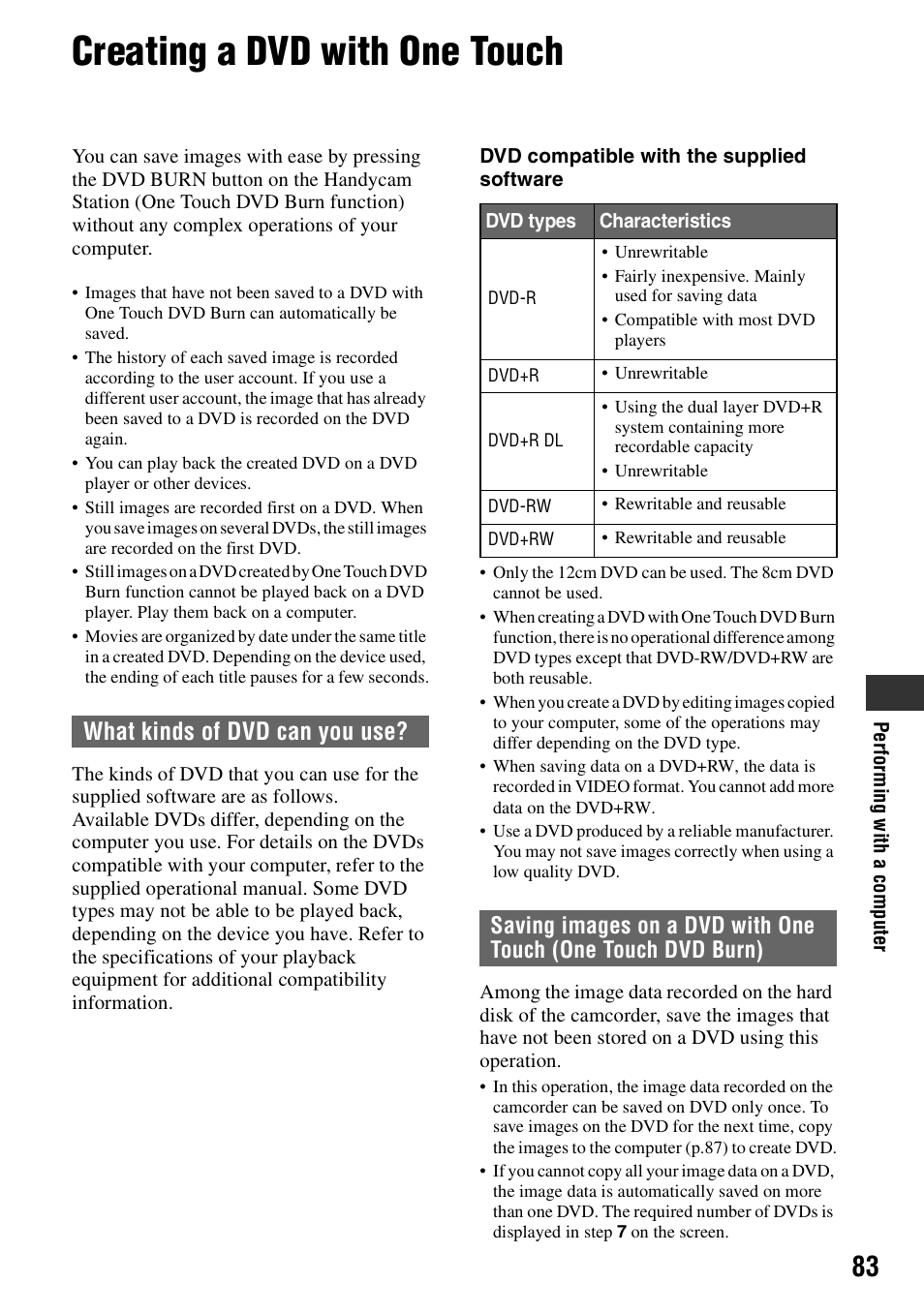 Creating a dvd with one touch, P.83, What kinds of dvd can you use | Sony DCR-SR40 User Manual | Page 83 / 132