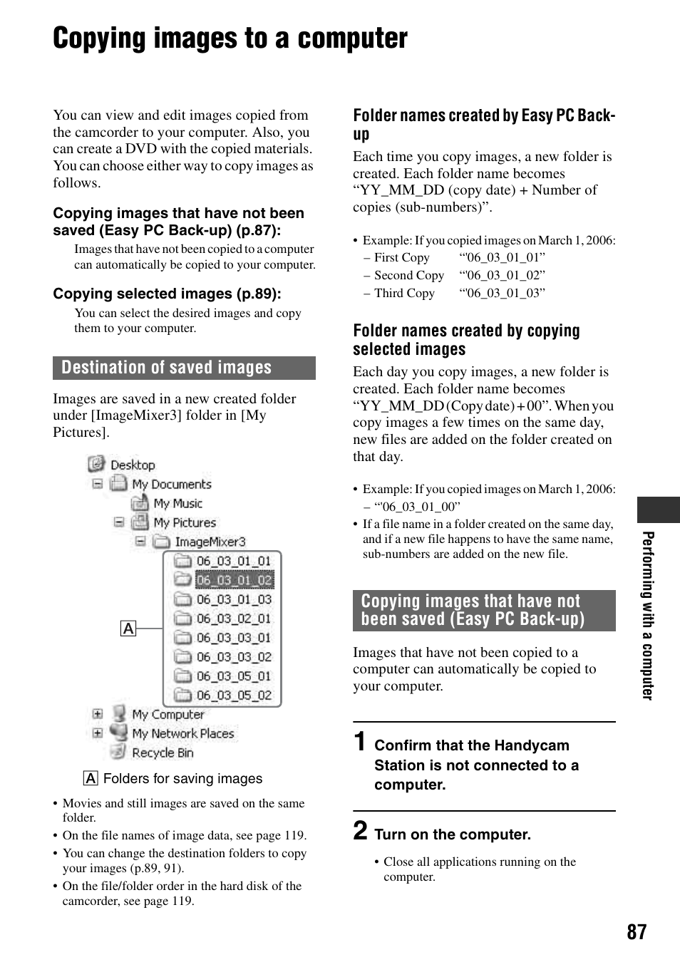 Copying images to a computer, P.87), P.87 | P.87) to | Sony DCR-SR40 User Manual | Page 87 / 132