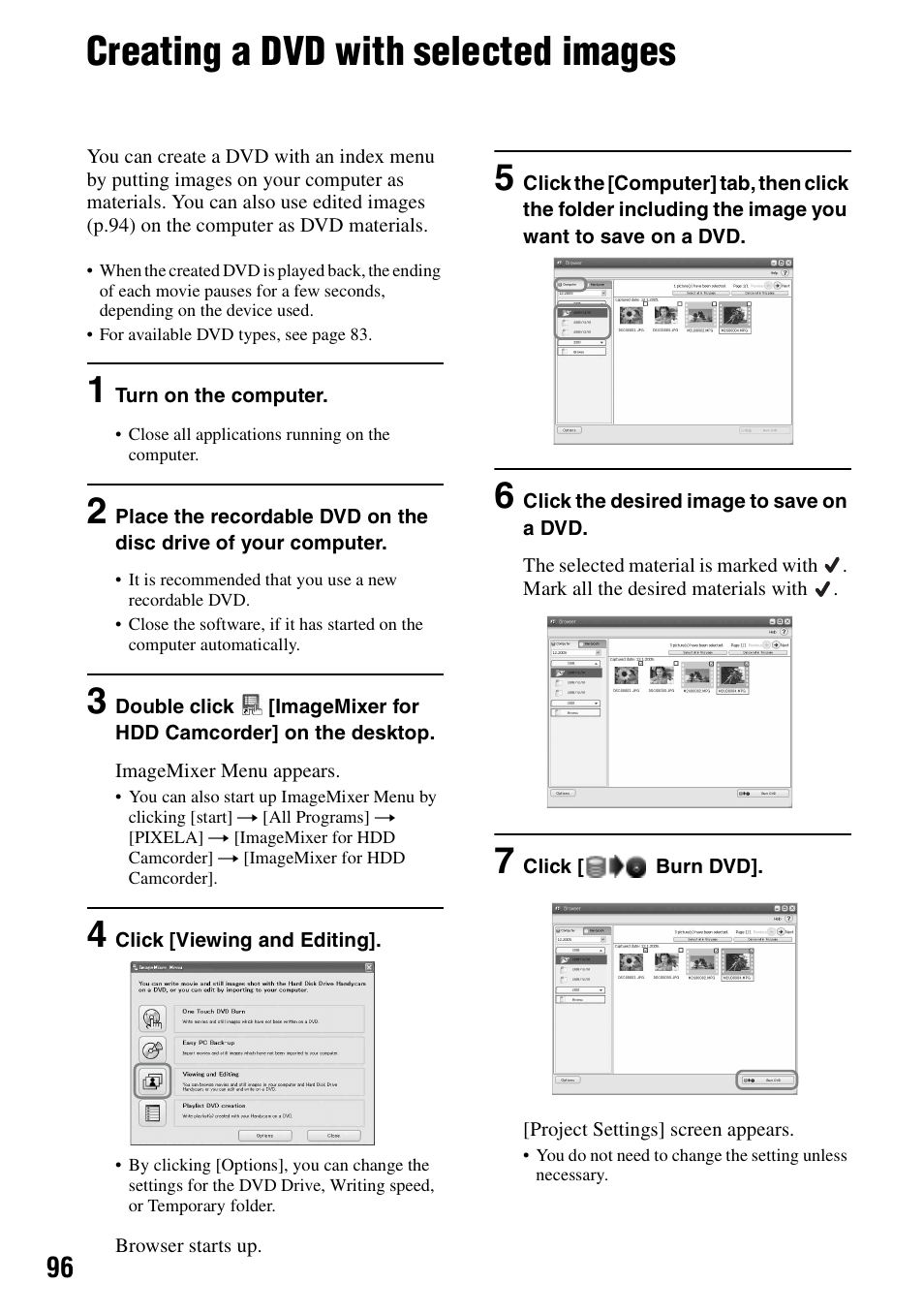 Creating a dvd with selected images, Creating a dvd with selected images” (p.96) | Sony DCR-SR40 User Manual | Page 96 / 132