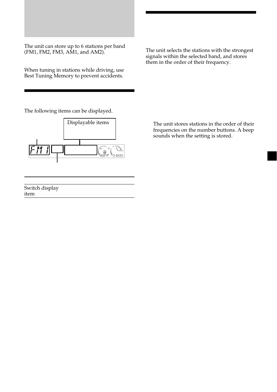 Radio, Display items, Storing stations automatically | Sony CDX-L450V User Manual | Page 11 / 56