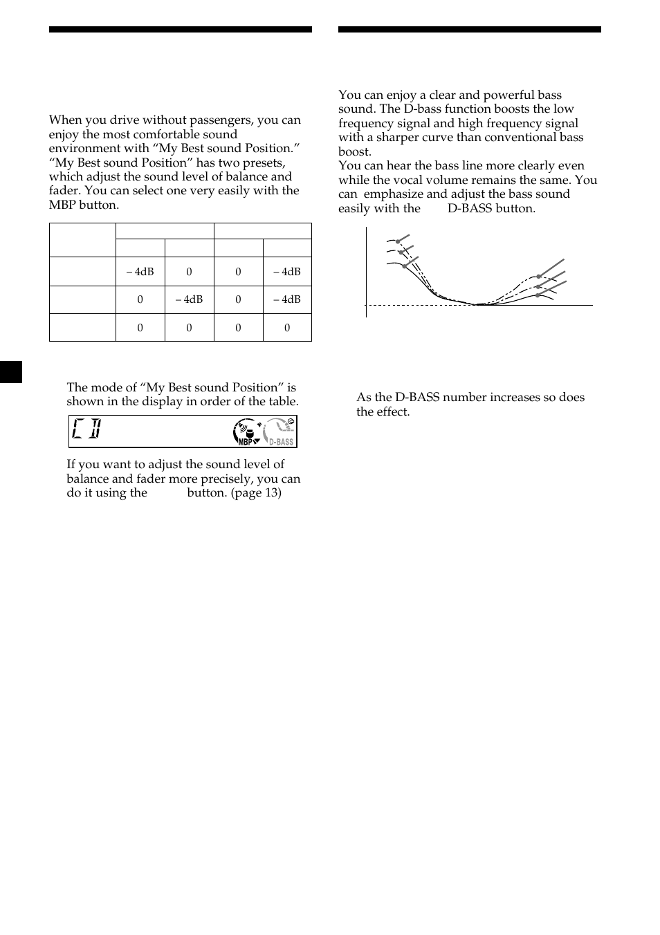 Boosting the bass sound — d-bass, 14 selecting the sound position, Boosting the bass sound | My best sound position (mbp), D-bass | Sony CDX-L450V User Manual | Page 14 / 56