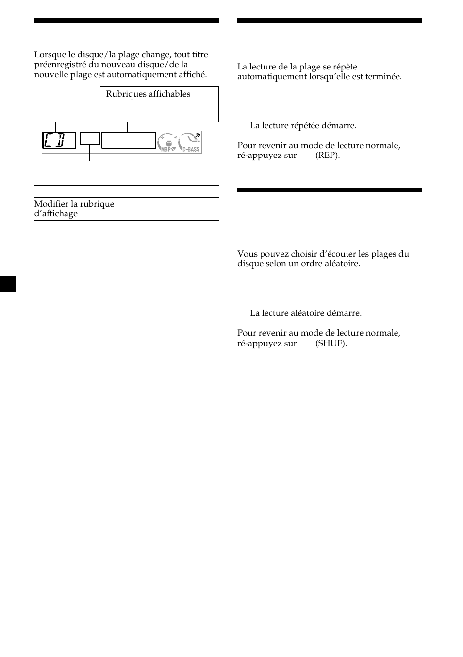 10 rubriques d’affichage, Lecture de plages répétée, Lecture de plages dans un ordre quelconque | Sony CDX-L450V User Manual | Page 28 / 56