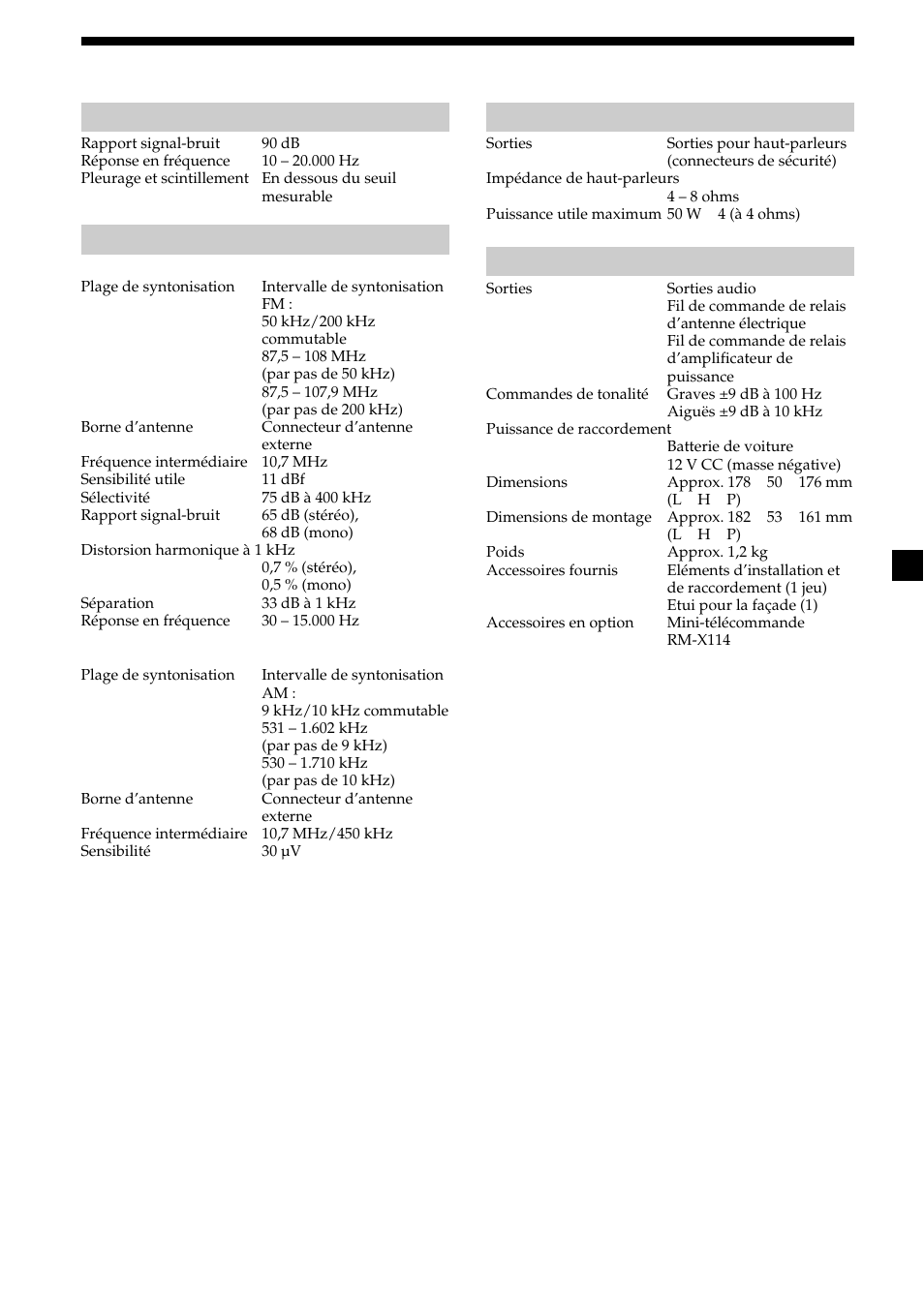 17 spécifications, Lecteur cd, Radio | Amplificateur de puissance, Caractéristiques générales | Sony CDX-L450V User Manual | Page 35 / 56