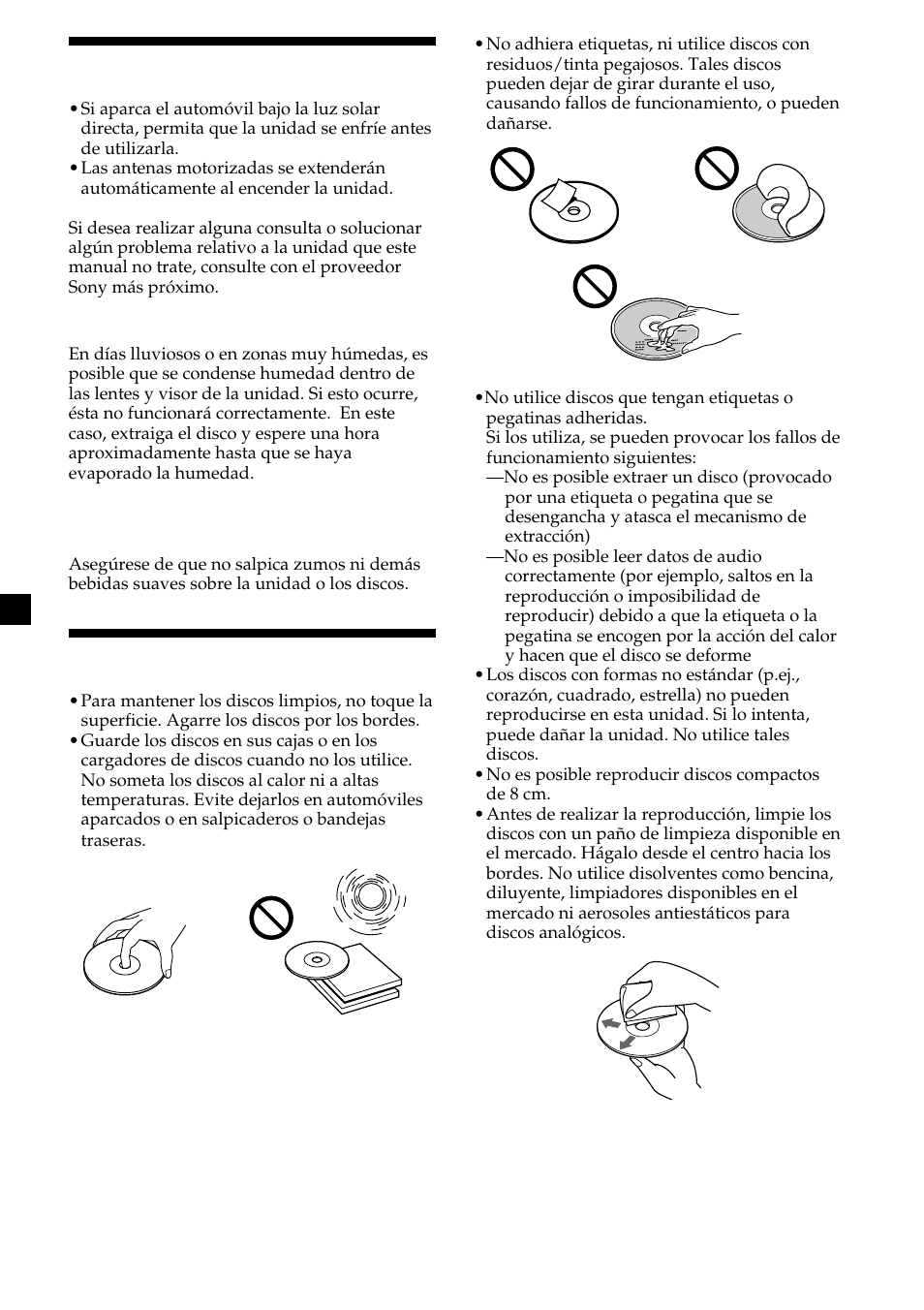 6precauciones, Notas sobre discos | Sony CDX-L450V User Manual | Page 42 / 56
