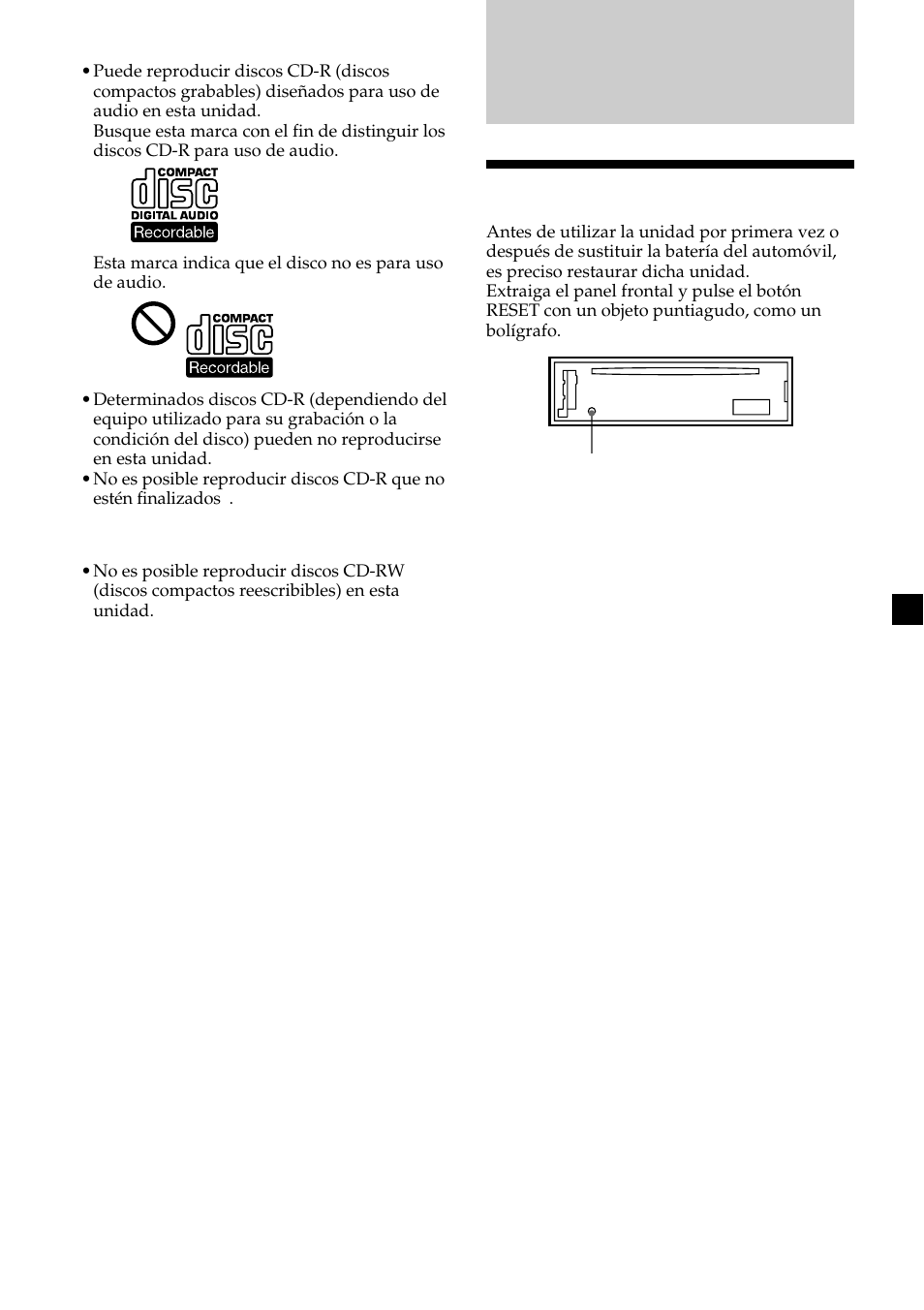 Procedimientos iniciales, Restauración de la unidad | Sony CDX-L450V User Manual | Page 43 / 56