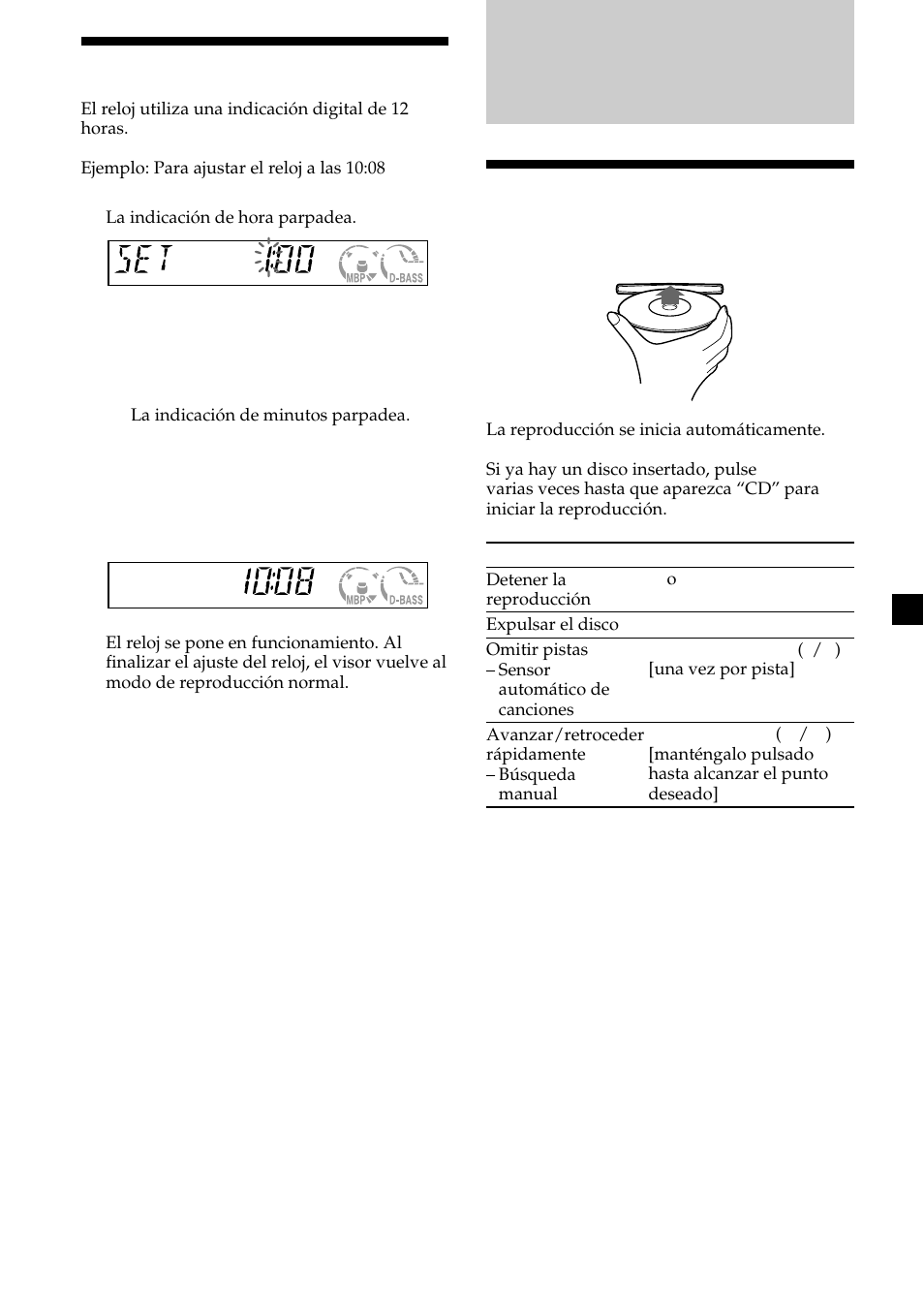 Reproductor de cd, 9ajuste del reloj, Reproducción de discos | Sony CDX-L450V User Manual | Page 45 / 56