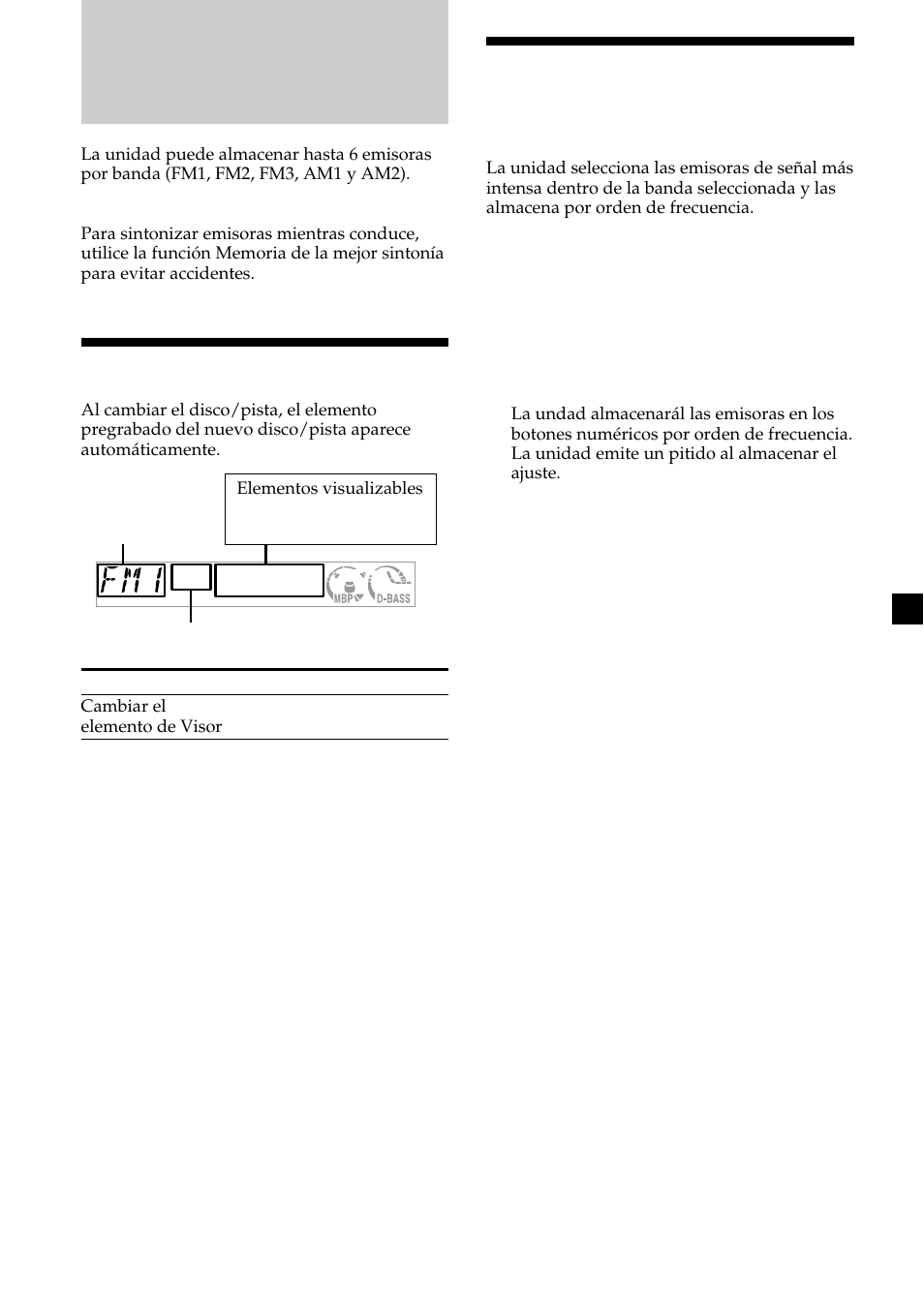Radio, Elementos del visor, Almacenamiento automático de emisoras | Sony CDX-L450V User Manual | Page 47 / 56
