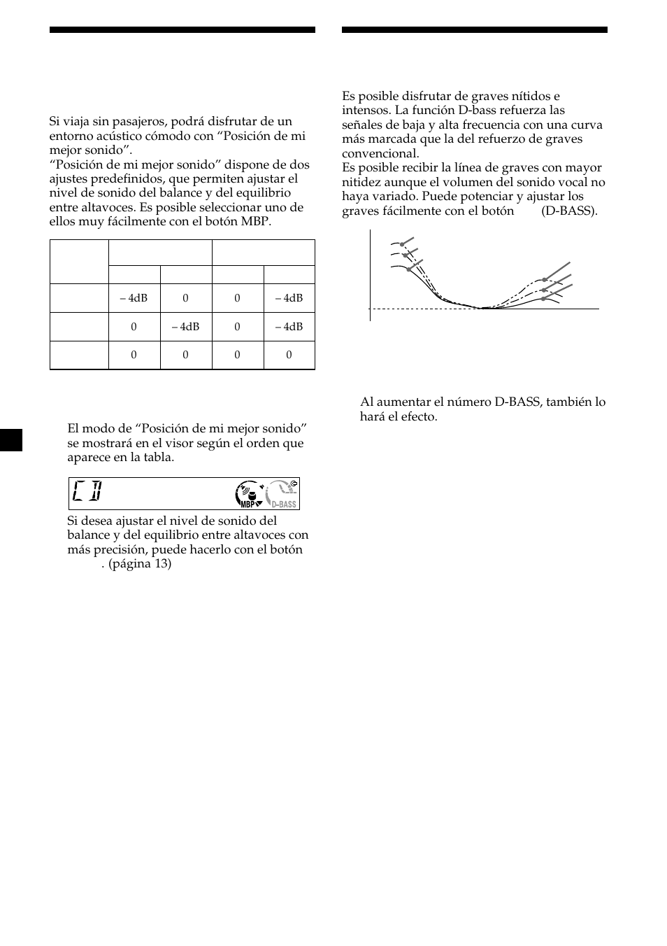 14 refuerzo de los graves, Selección de la posición del sonido, D-bass | Posición de mi mejor sonido (mbp) | Sony CDX-L450V User Manual | Page 50 / 56