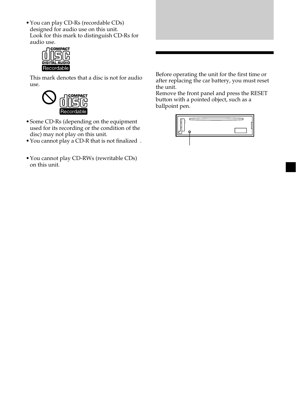 Getting started, Resetting the unit | Sony CDX-L450V User Manual | Page 7 / 56
