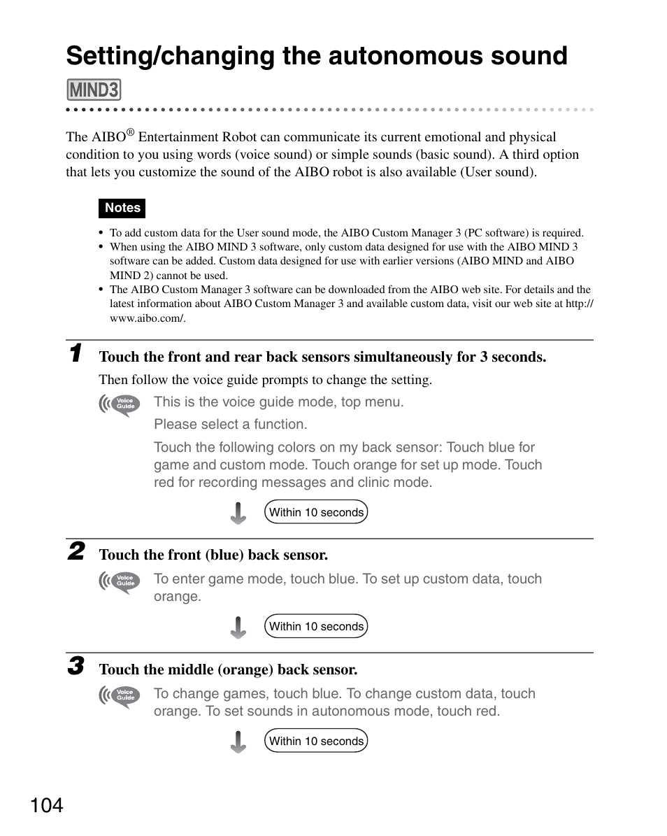 Setting/changing the autonomous sound | Sony ERS-7M3 User Manual | Page 104 / 164