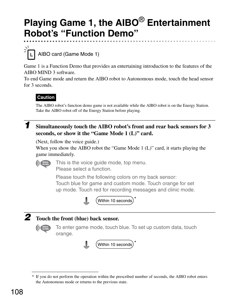 Playing game 1, the aibo, Entertainment robot’s “function demo | Sony ERS-7M3 User Manual | Page 108 / 164