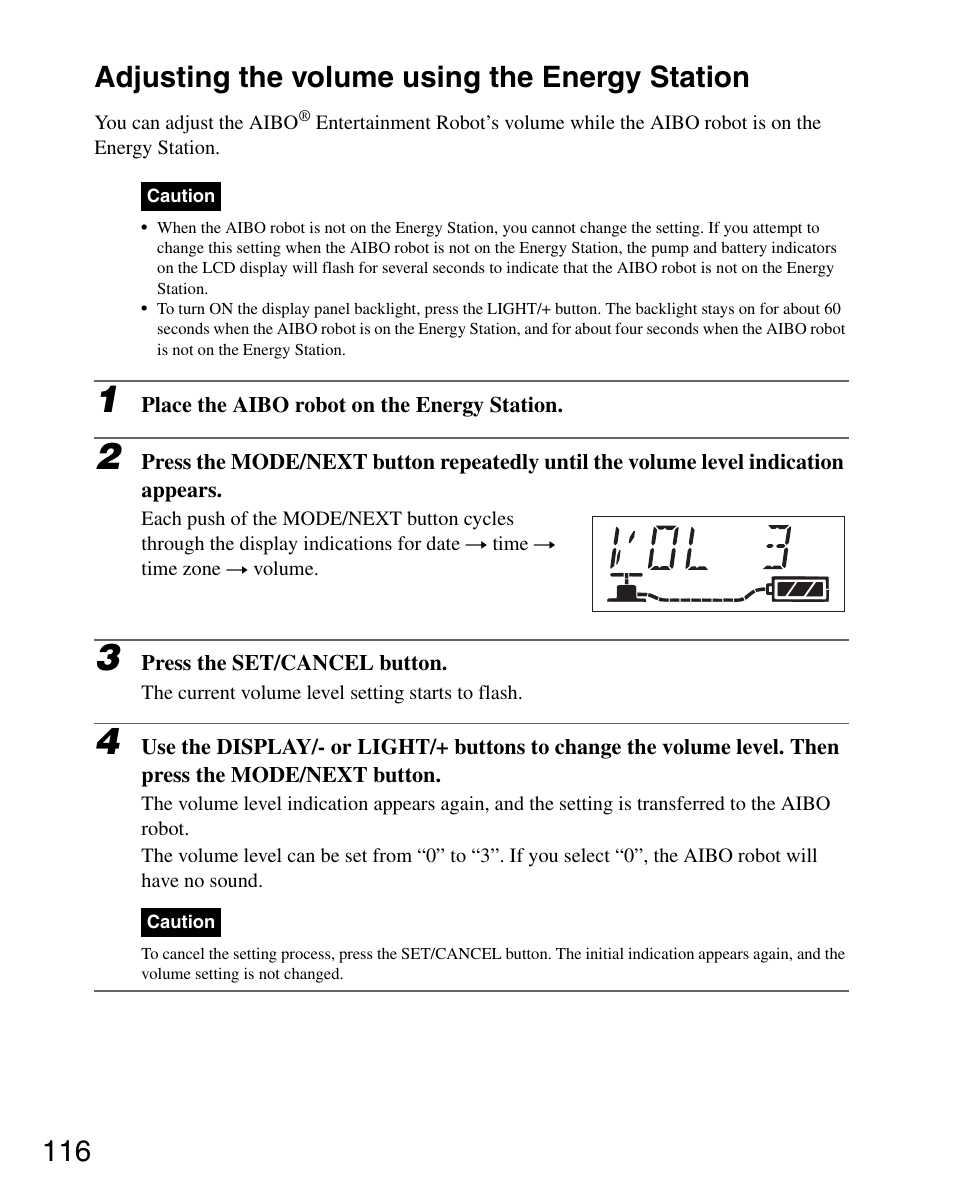 Adjusting the volume using the energy station, 116 adjusting the volume using the energy station | Sony ERS-7M3 User Manual | Page 116 / 164