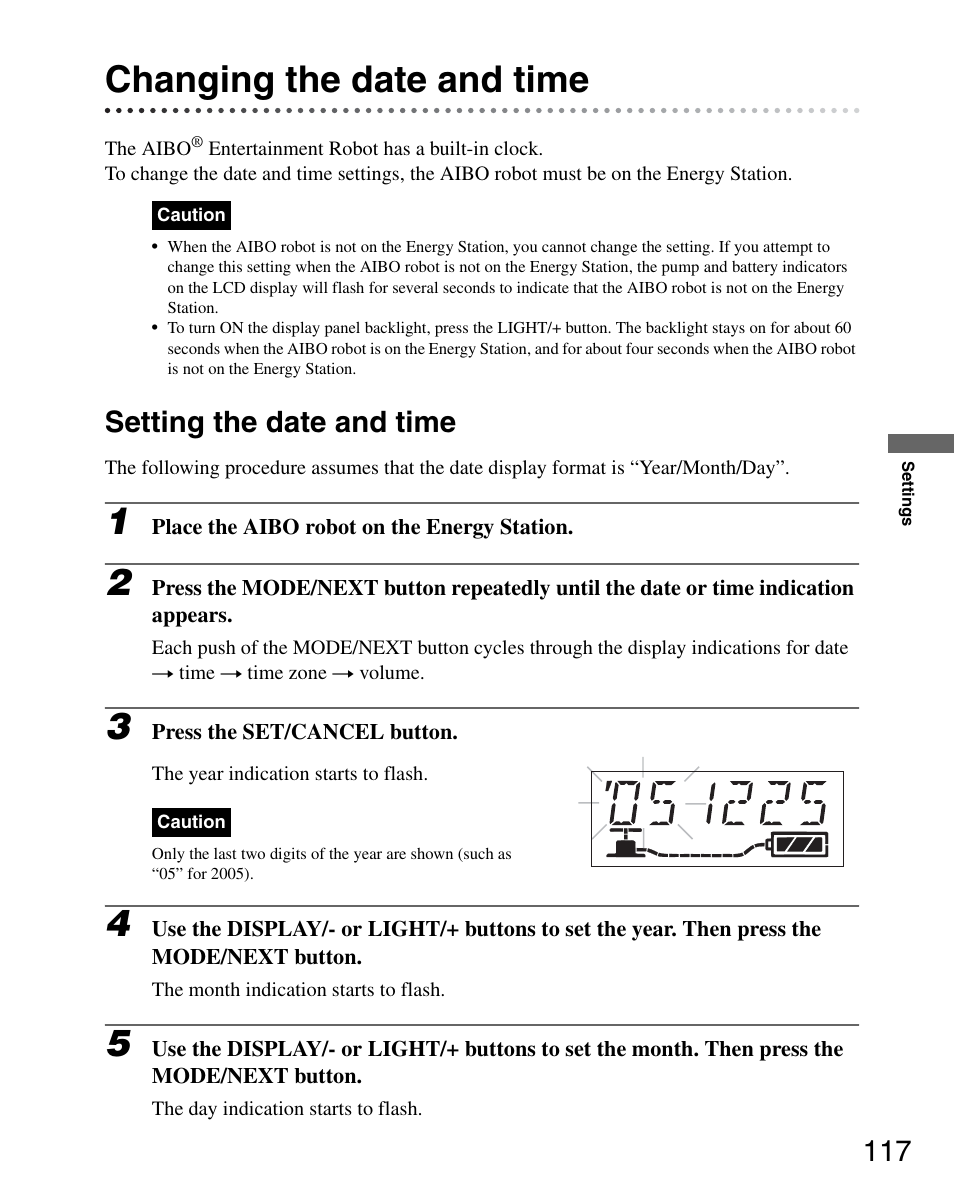 Changing the date and time, Setting the date and time | Sony ERS-7M3 User Manual | Page 117 / 164