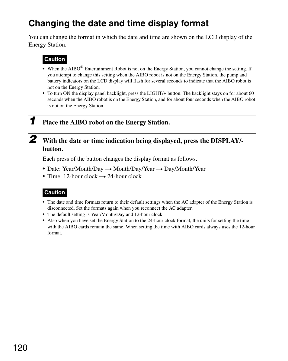 Changing the date and time display format, 120 changing the date and time display format | Sony ERS-7M3 User Manual | Page 120 / 164