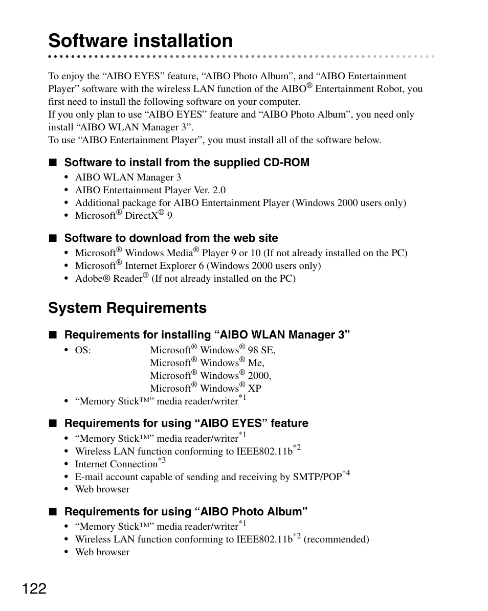 Software installation, System requirements | Sony ERS-7M3 User Manual | Page 122 / 164