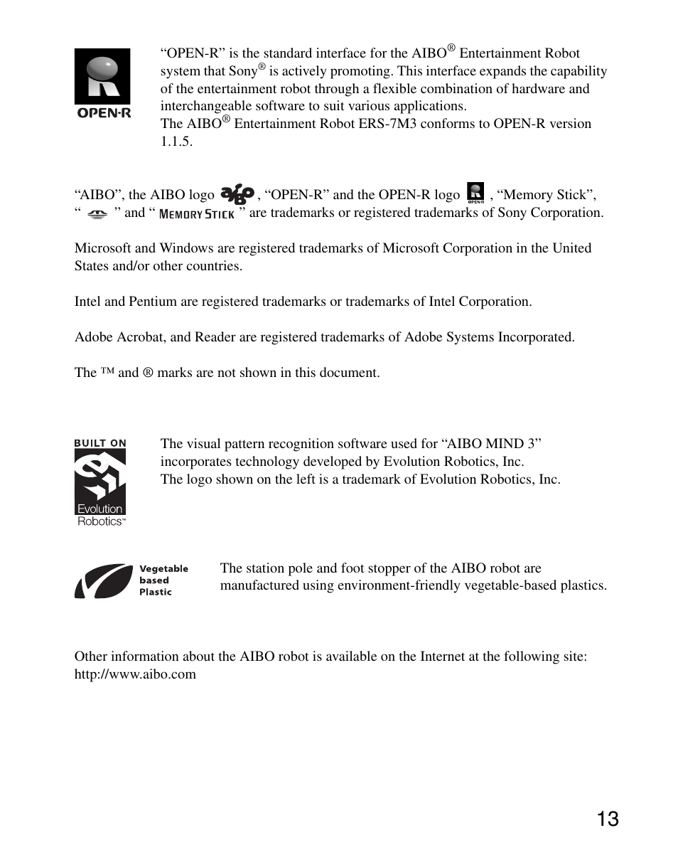 Sony ERS-7M3 User Manual | Page 13 / 164