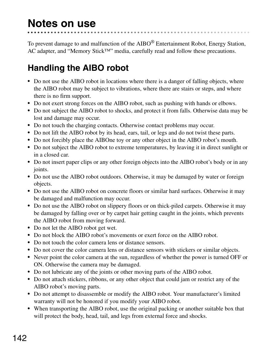 Notes on use, Handling the aibo robot | Sony ERS-7M3 User Manual | Page 142 / 164