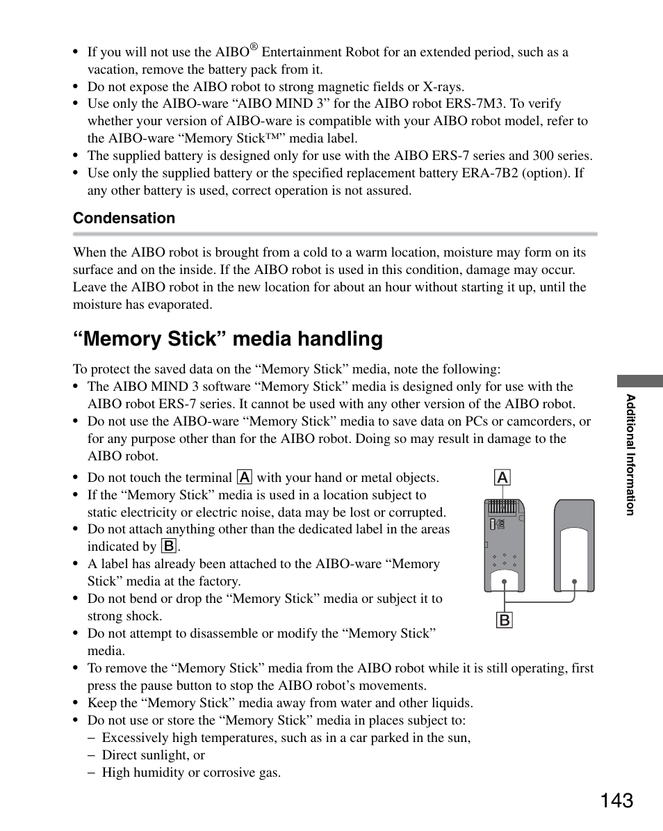 Memory stick” media handling | Sony ERS-7M3 User Manual | Page 143 / 164