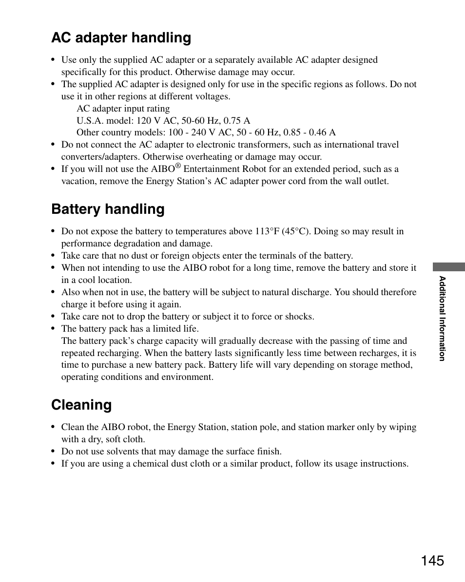 Ac adapter handling, Battery handling, Cleaning | Ac adapter handling battery handling cleaning, 145 ac adapter handling | Sony ERS-7M3 User Manual | Page 145 / 164