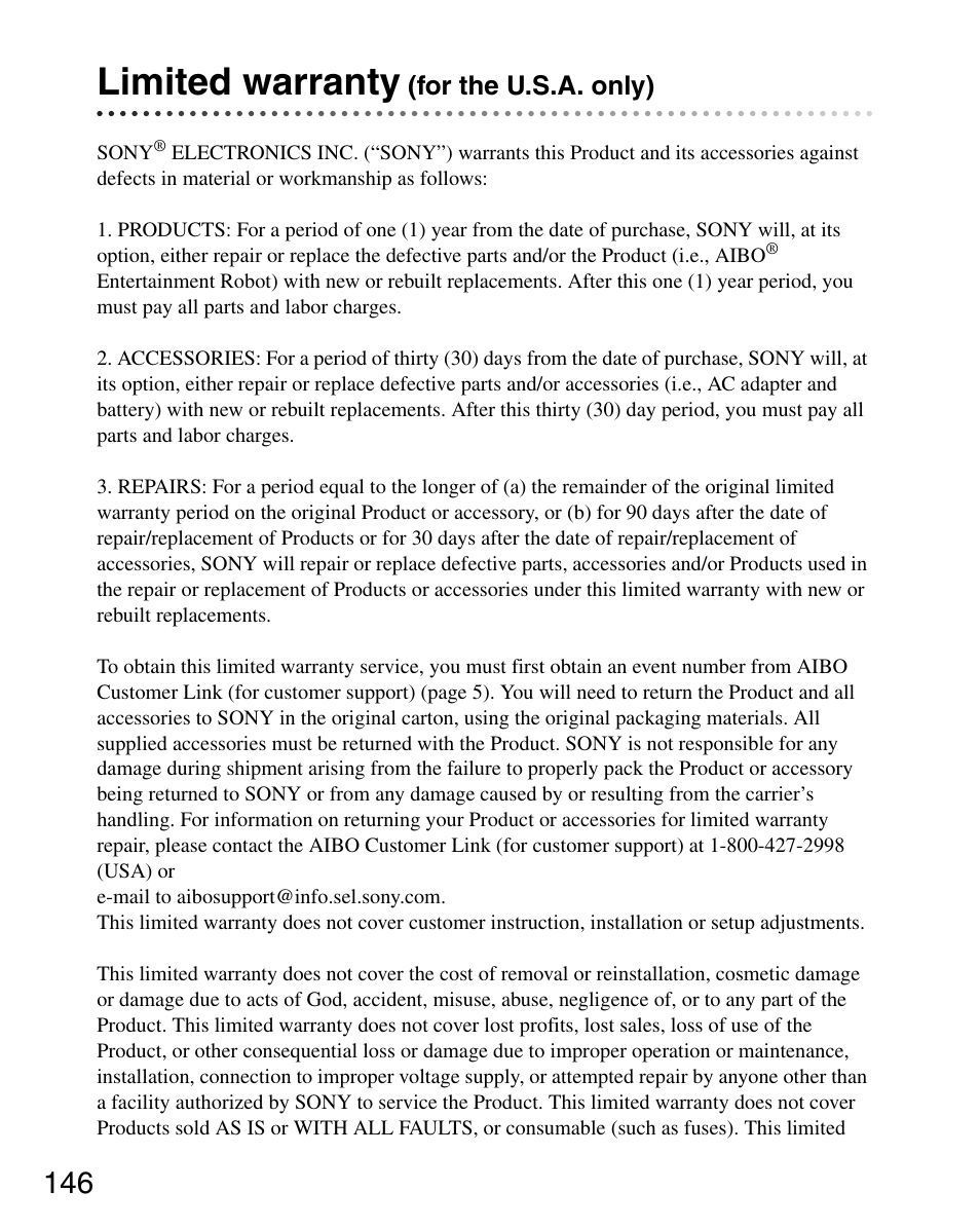 Limited warranty (for the u.s.a. only), Limited warranty | Sony ERS-7M3 User Manual | Page 146 / 164