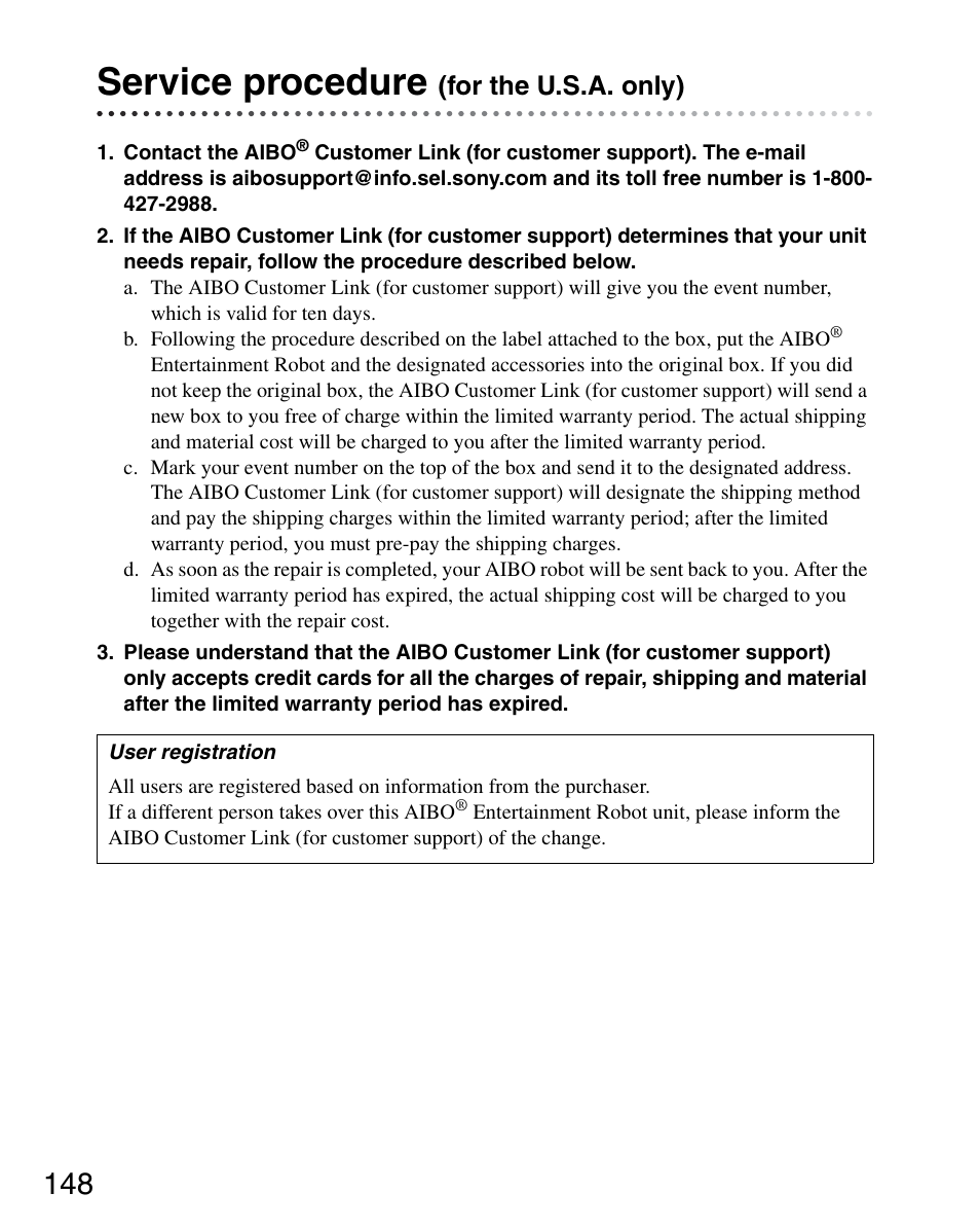 Service procedure (for the u.s.a. only), Service procedure, For the u.s.a. only) | Sony ERS-7M3 User Manual | Page 148 / 164