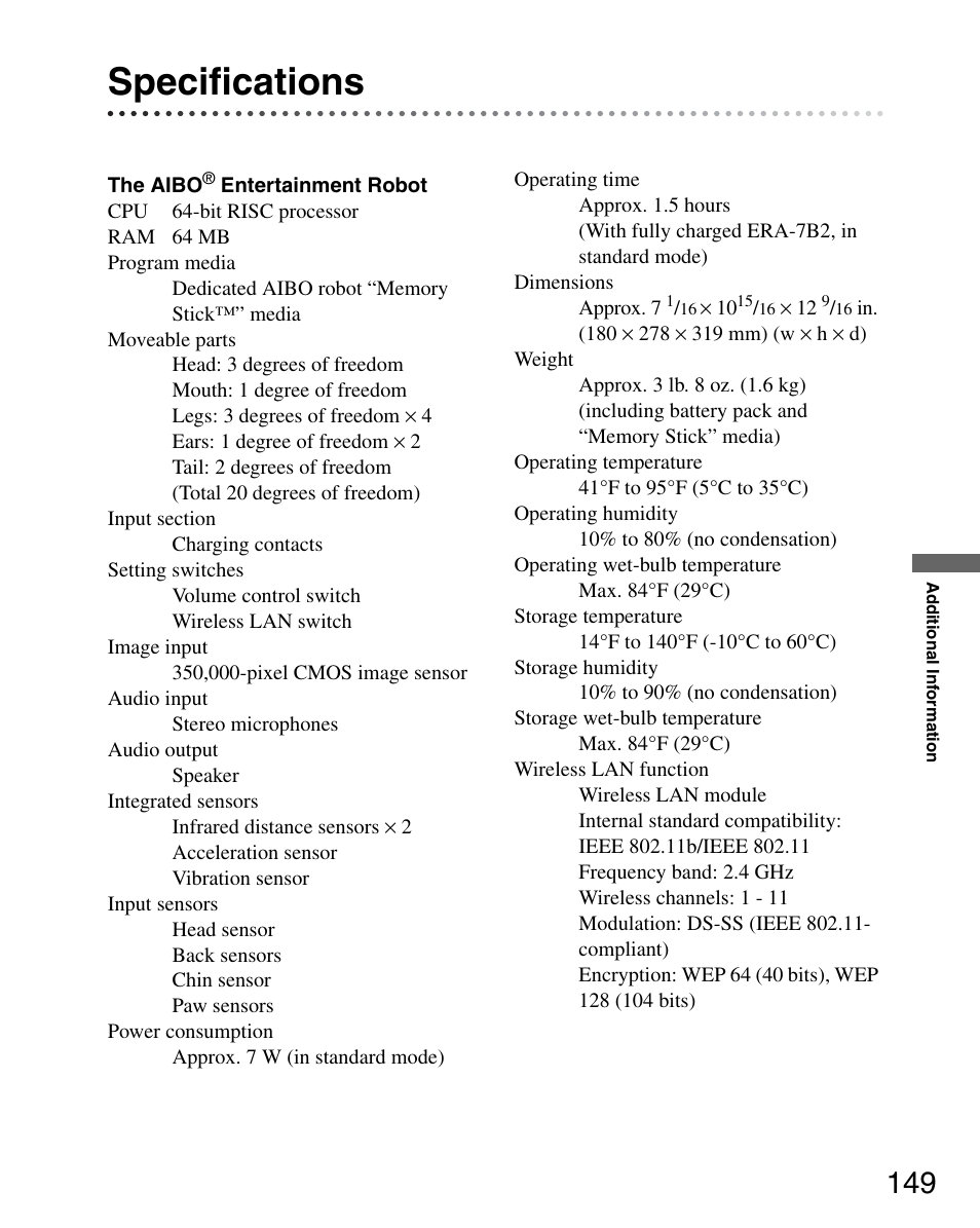 Specifications | Sony ERS-7M3 User Manual | Page 149 / 164