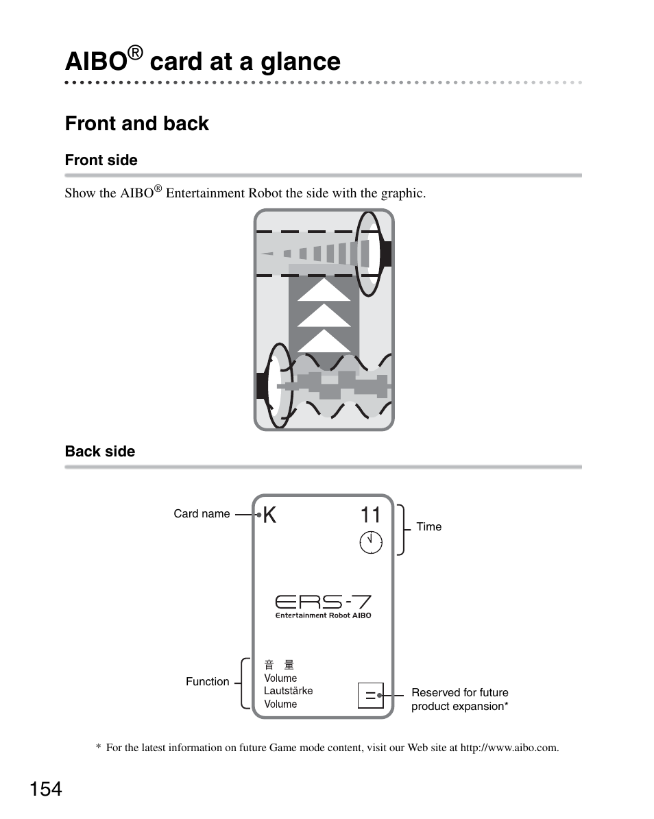 Aibo® card at a glance, Front and back, Aibo | Card at a glance | Sony ERS-7M3 User Manual | Page 154 / 164