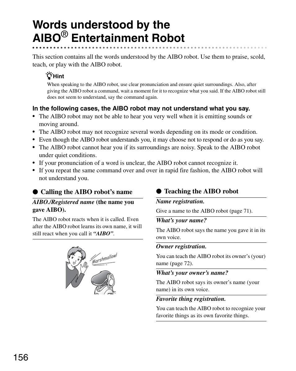 Words understood by the aibo® entertainment robot, Words understood by the aibo, Entertainment robot | Sony ERS-7M3 User Manual | Page 156 / 164