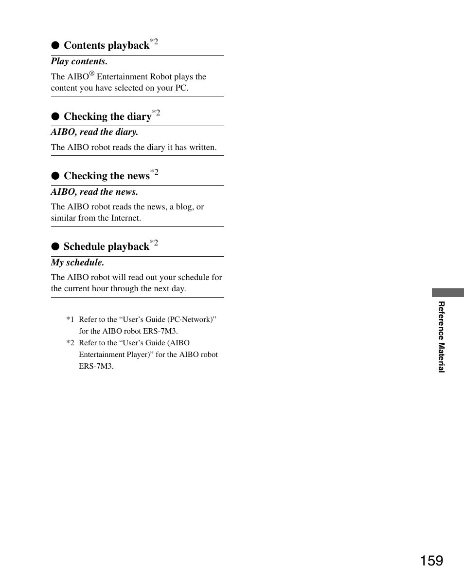 Contents playback, Checking the diary, Checking the news | Schedule playback | Sony ERS-7M3 User Manual | Page 159 / 164