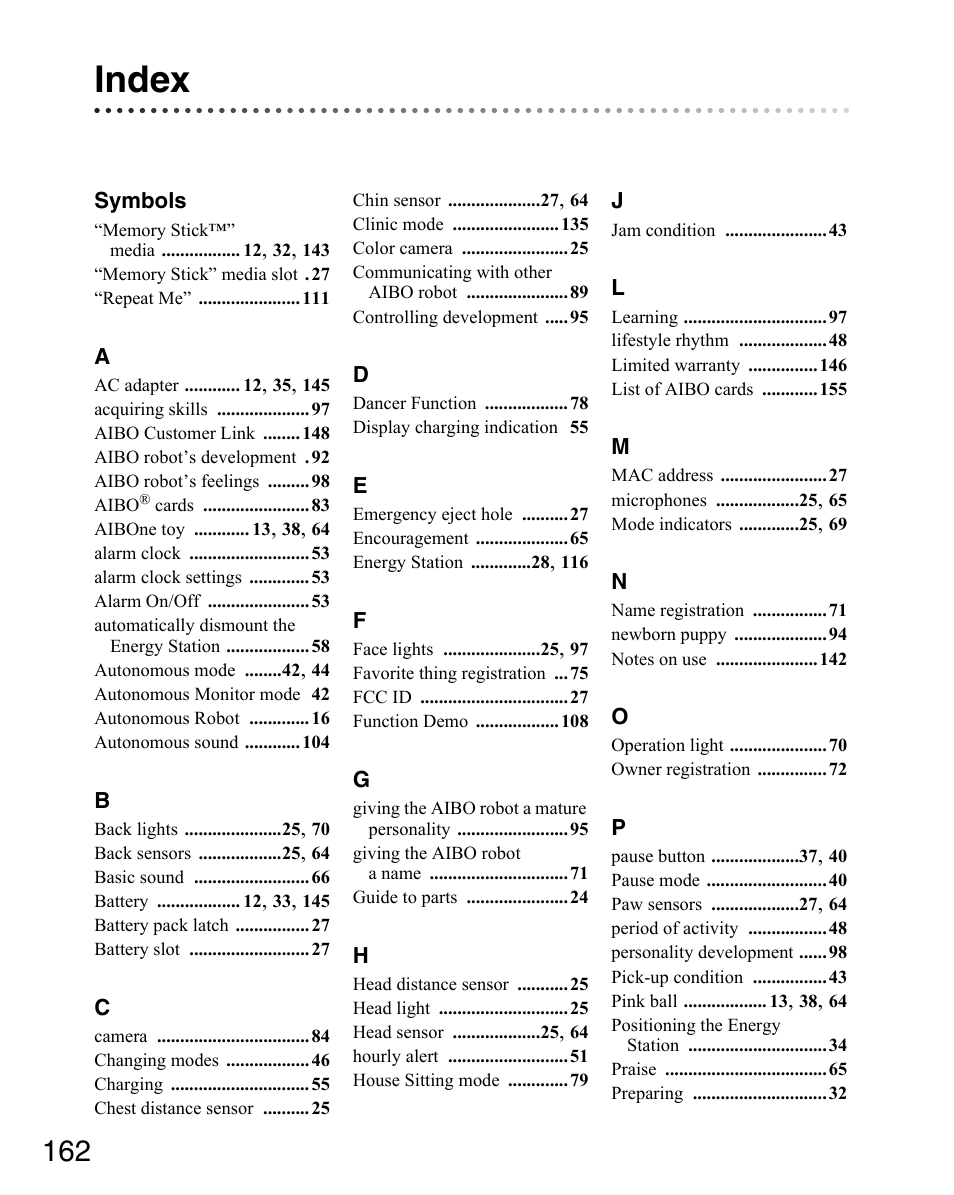 Index | Sony ERS-7M3 User Manual | Page 162 / 164