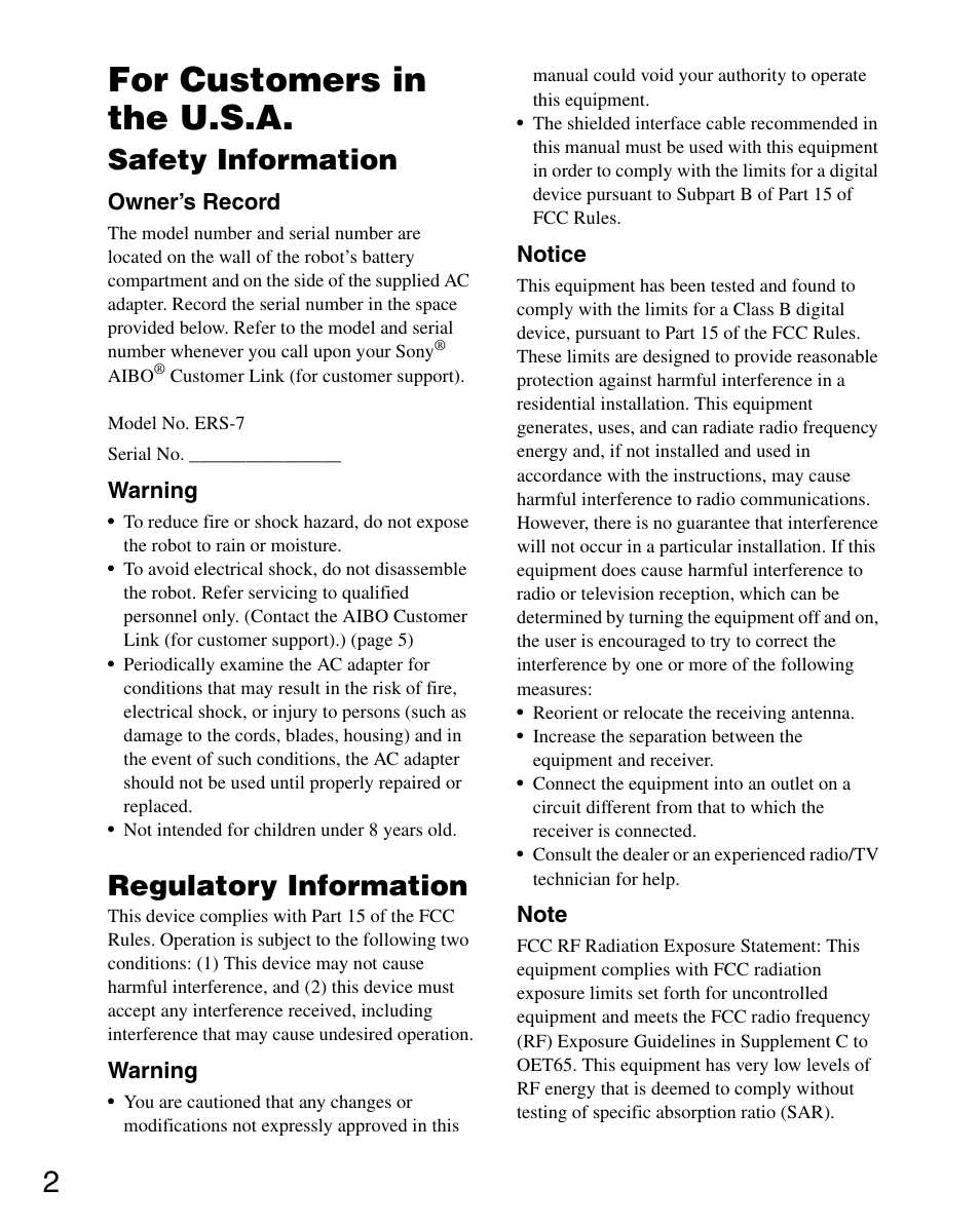 For customers in the u.s.a, Safety information, Regulatory information | Sony ERS-7M3 User Manual | Page 2 / 164