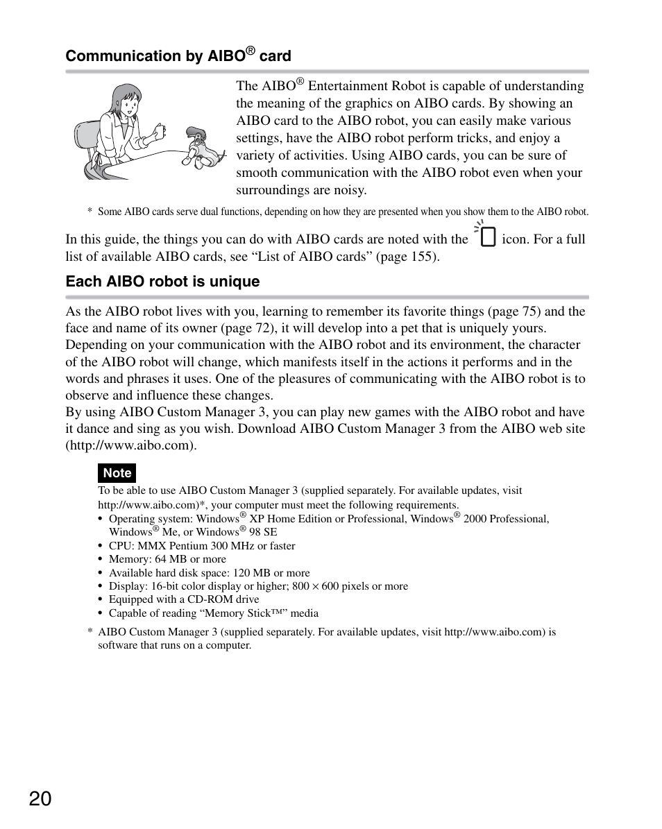 Communication by aibo, Card, Each aibo robot is unique | Sony ERS-7M3 User Manual | Page 20 / 164