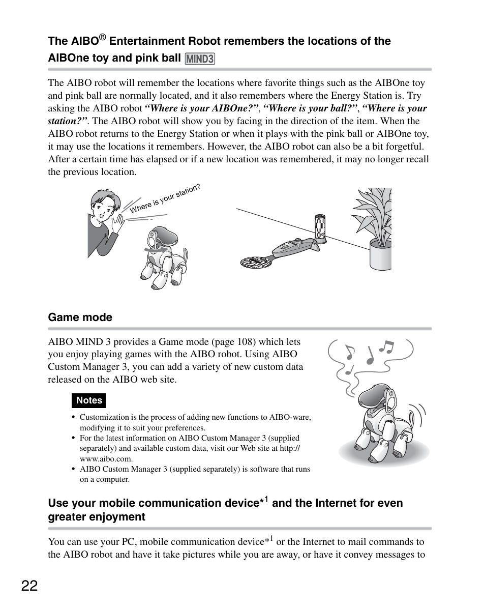 The aibo, Game mode, Use your mobile communication device | And the internet for even greater enjoyment | Sony ERS-7M3 User Manual | Page 22 / 164