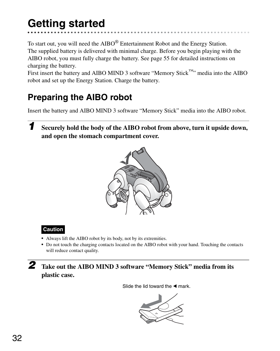 Getting started, Preparing the aibo robot | Sony ERS-7M3 User Manual | Page 32 / 164