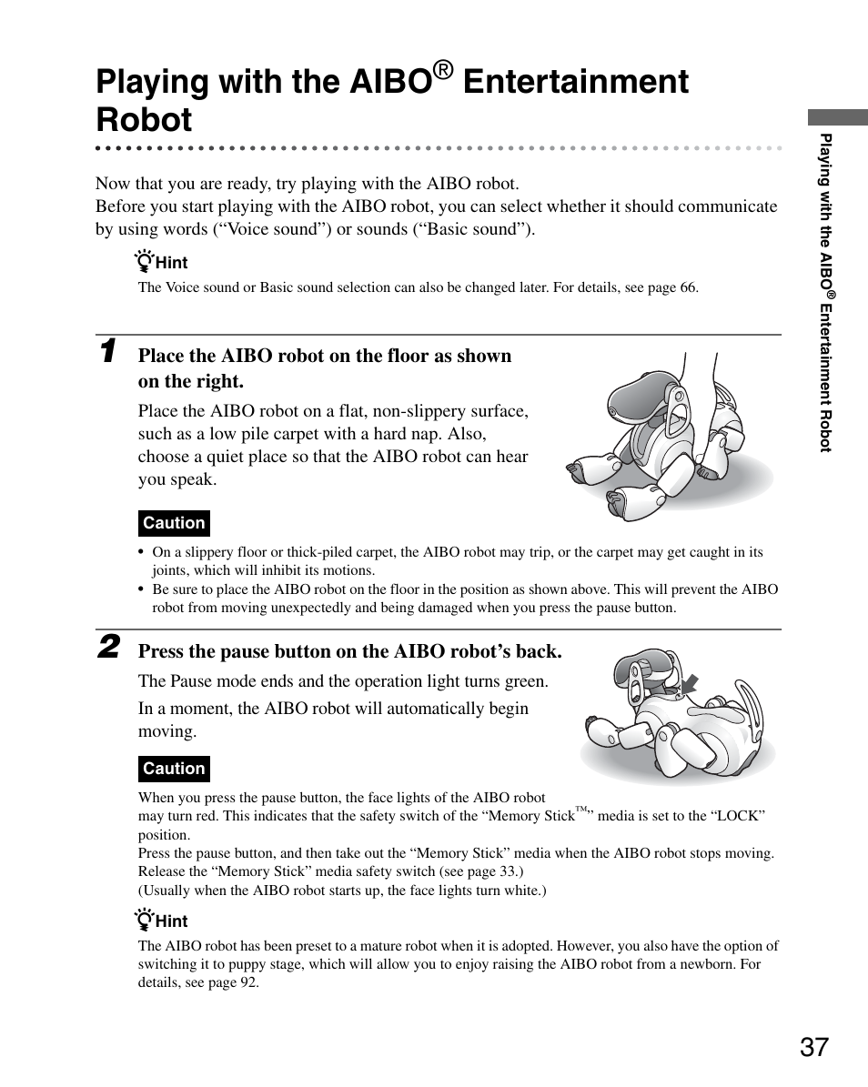 Playing with the aibo® entertainment robot, Playing with the aibo, Entertainment robot | Sony ERS-7M3 User Manual | Page 37 / 164