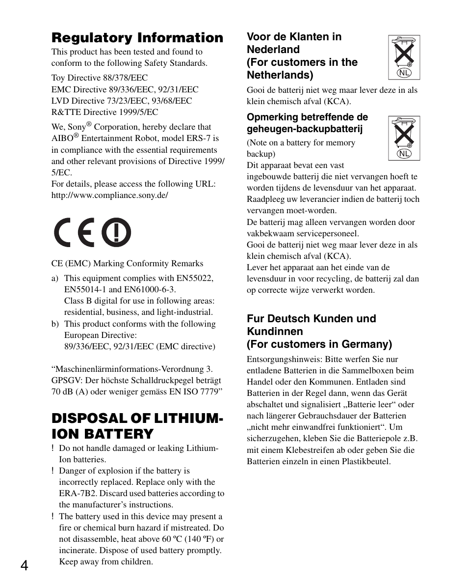Regulatory information, Disposal of lithium- ion battery | Sony ERS-7M3 User Manual | Page 4 / 164