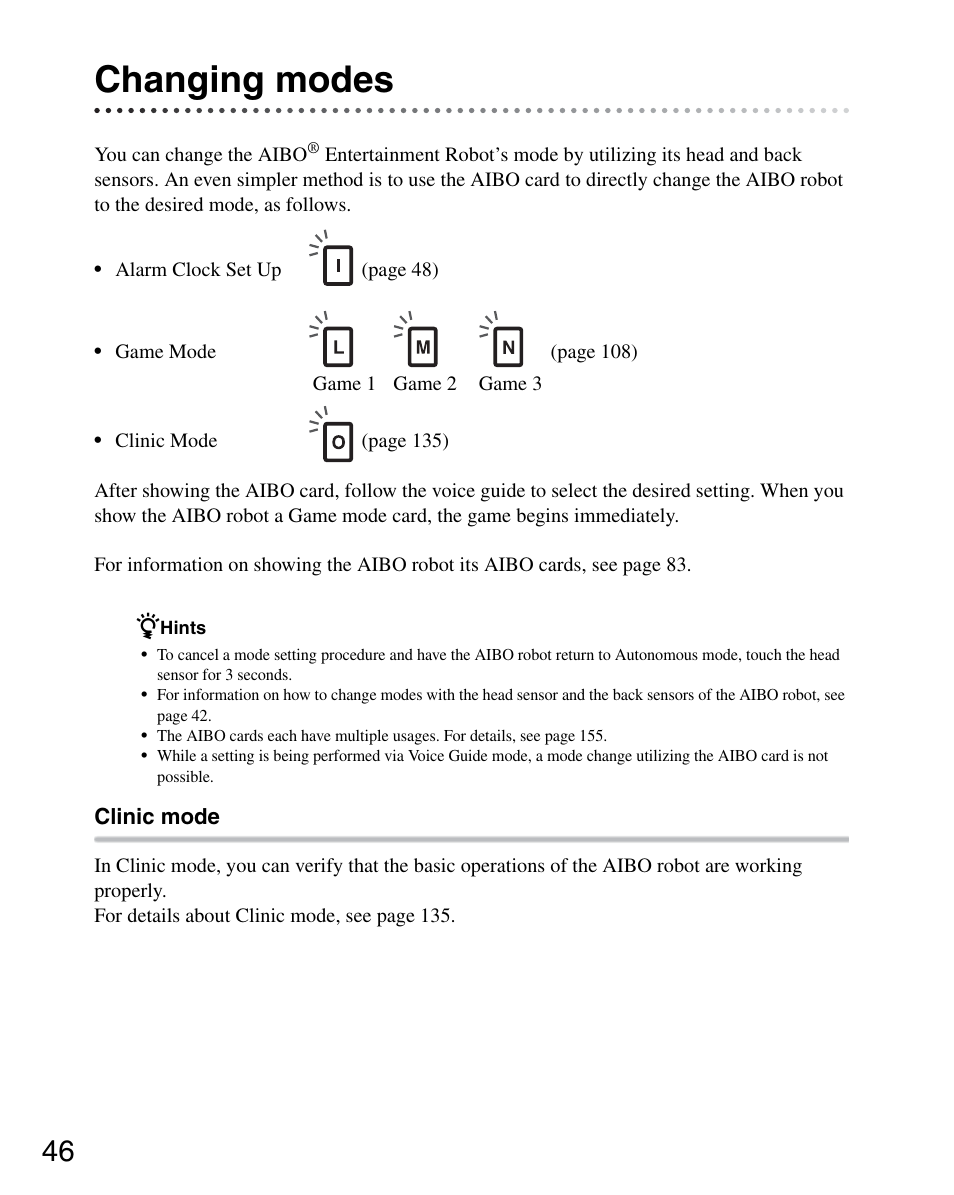 Changing modes | Sony ERS-7M3 User Manual | Page 46 / 164