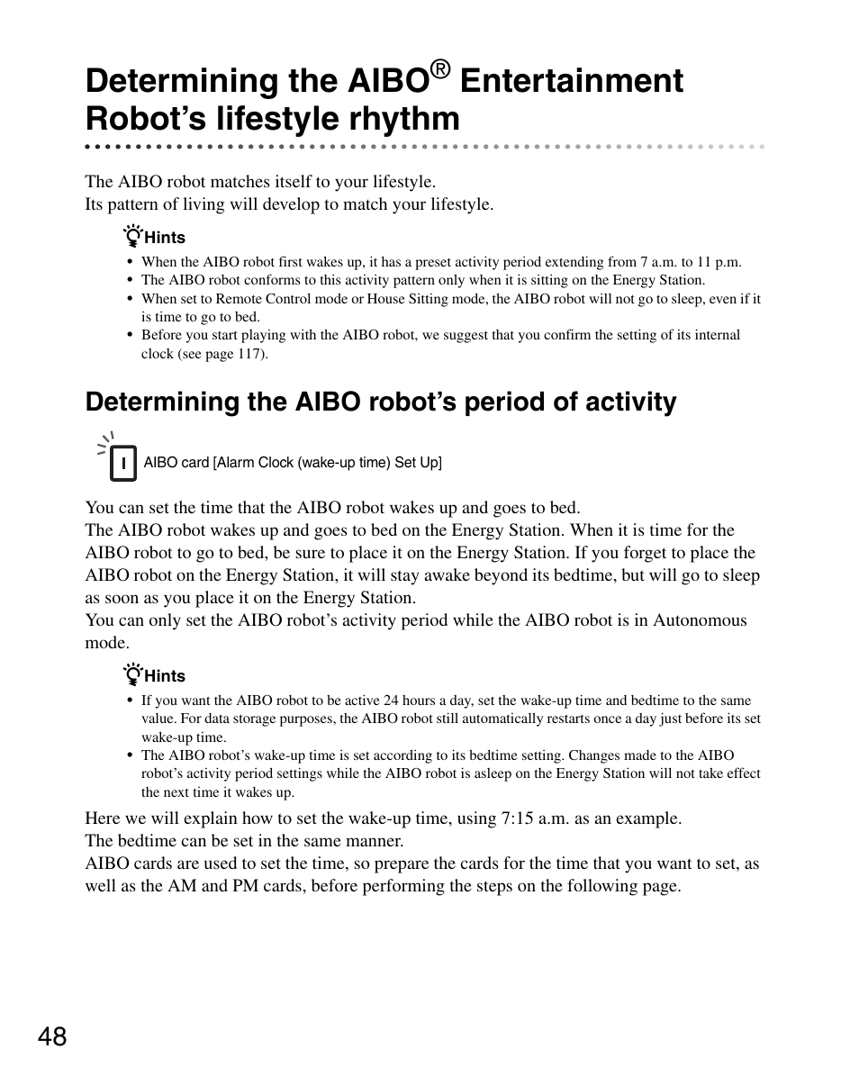 Determining the aibo robot’s period of activity, Determining the aibo, Entertainment robot’s lifestyle rhythm | Sony ERS-7M3 User Manual | Page 48 / 164