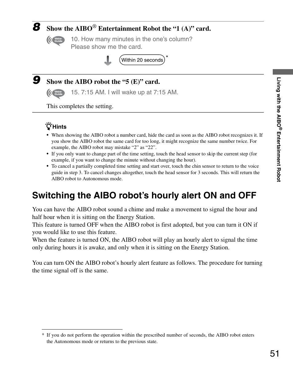 Switching the aibo robot’s hourly alert on and off | Sony ERS-7M3 User Manual | Page 51 / 164