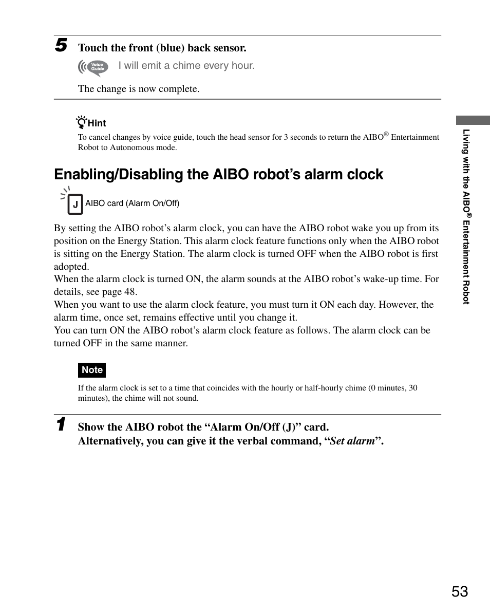 Enabling/disabling the aibo robot’s alarm clock | Sony ERS-7M3 User Manual | Page 53 / 164
