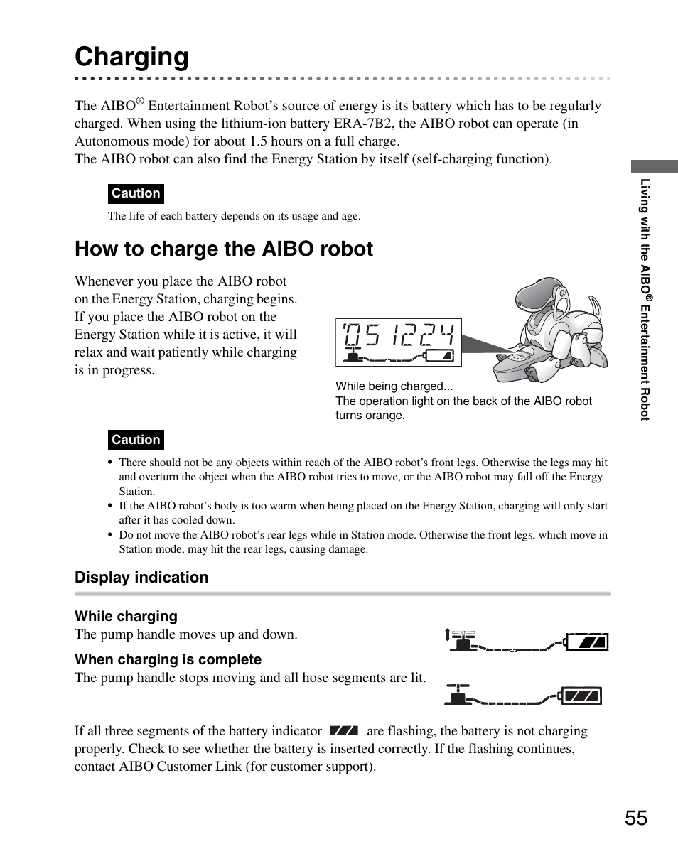 Charging, How to charge the aibo robot | Sony ERS-7M3 User Manual | Page 55 / 164
