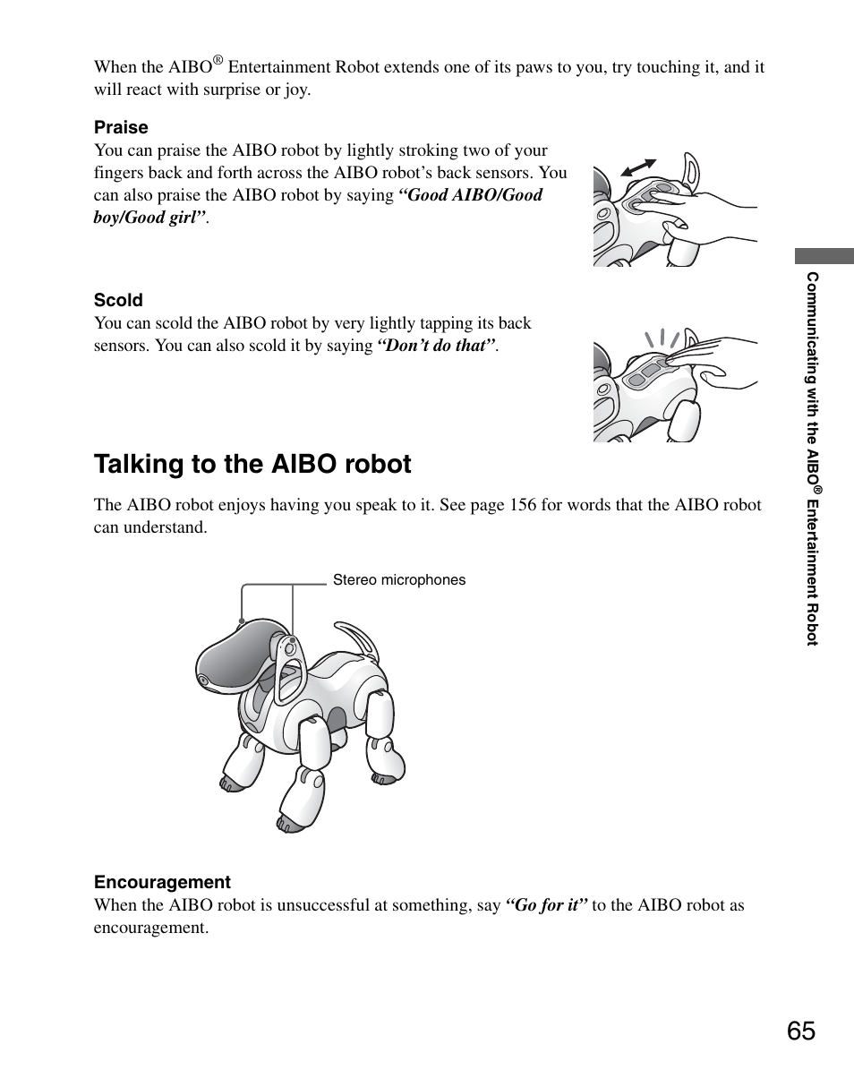 Talking to the aibo robot | Sony ERS-7M3 User Manual | Page 65 / 164