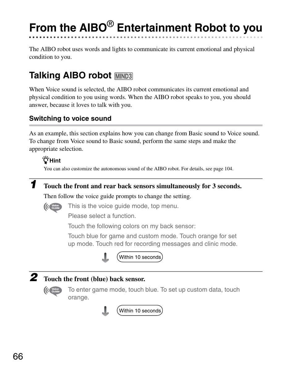 From the aibo® entertainment robot to you, Talking aibo robot, From the aibo | Entertainment robot to you | Sony ERS-7M3 User Manual | Page 66 / 164